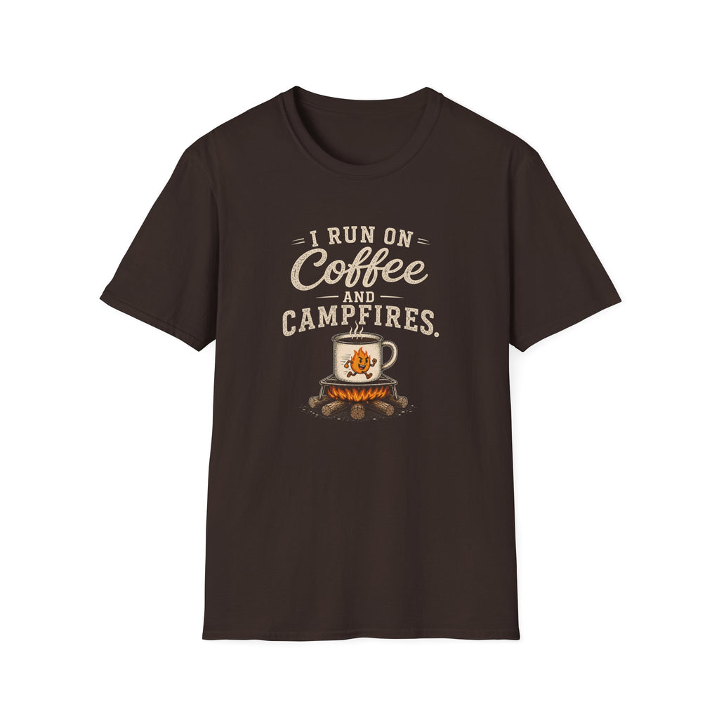 I Run On Coffee and Campfires. T‑Shirt