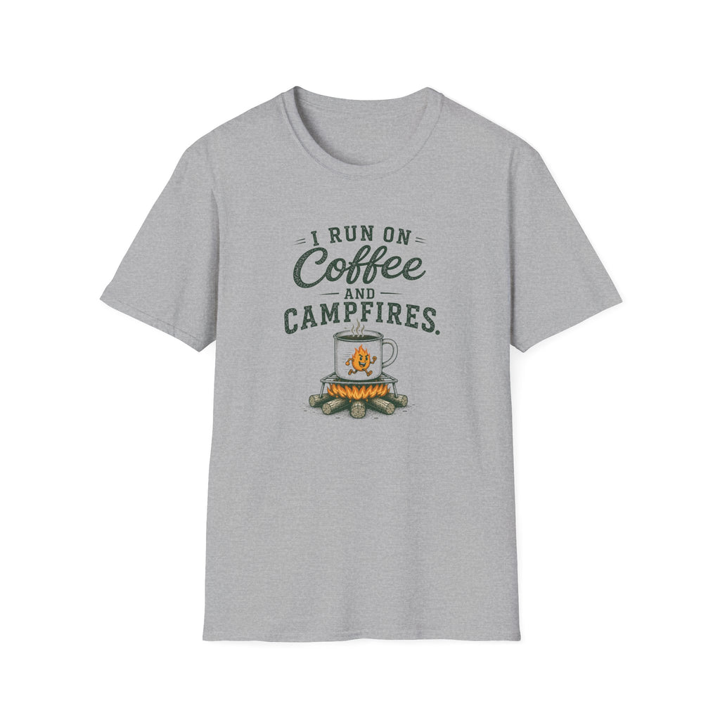 I Run On Coffee and Campfires. T‑Shirt