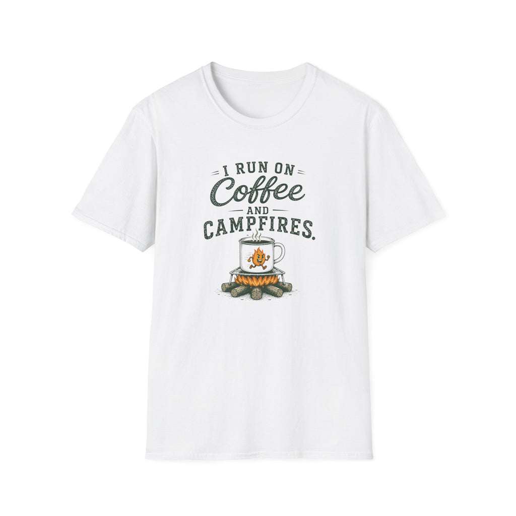 I Run On Coffee and Campfires. T‑Shirt