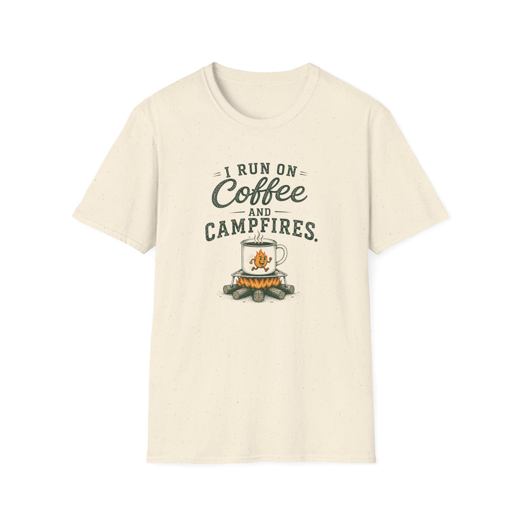 I Run On Coffee and Campfires. T‑Shirt