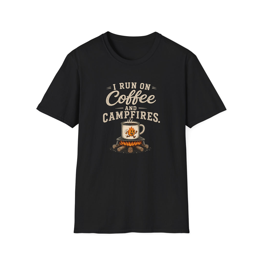 I Run On Coffee and Campfires. T‑Shirt